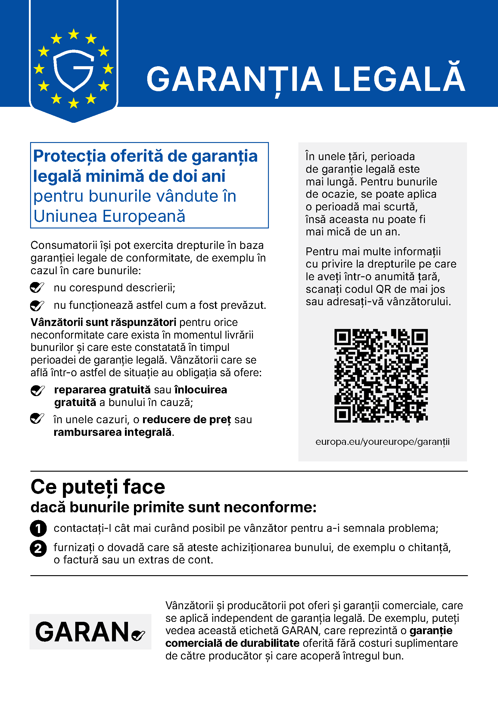 Notificarea armonizată a Uniunii Europene privind garanția legală de conformitate